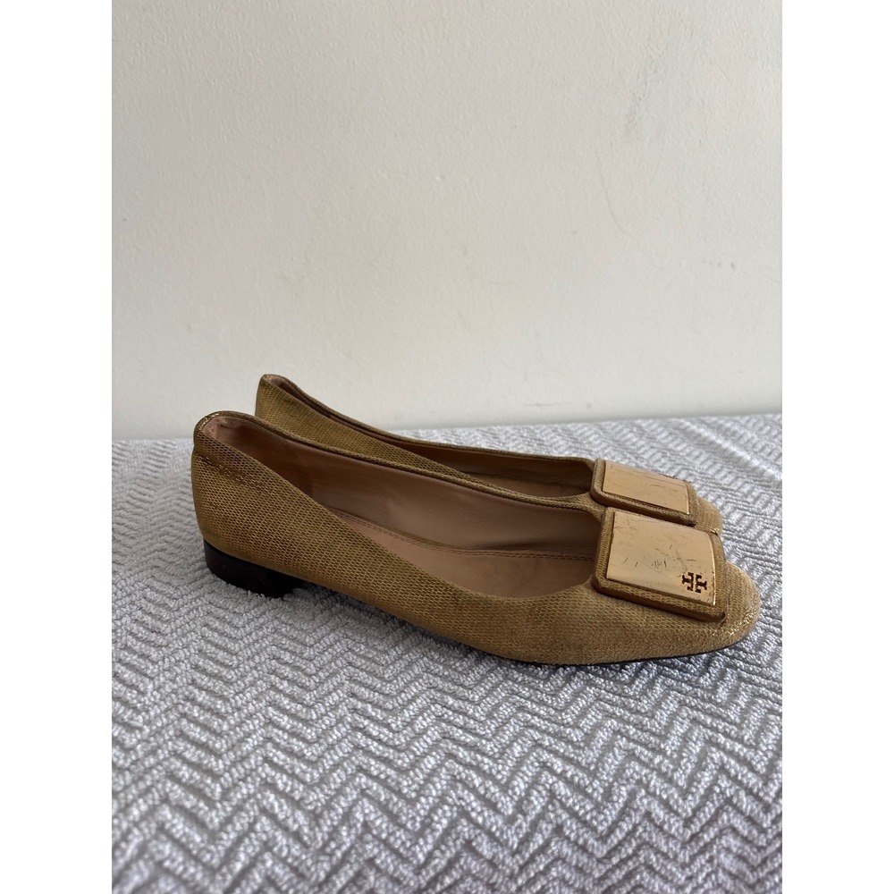 Tory Burch Claire Gold Metallic Fabric Square Toe Logo Plate Ballet Flats 7M